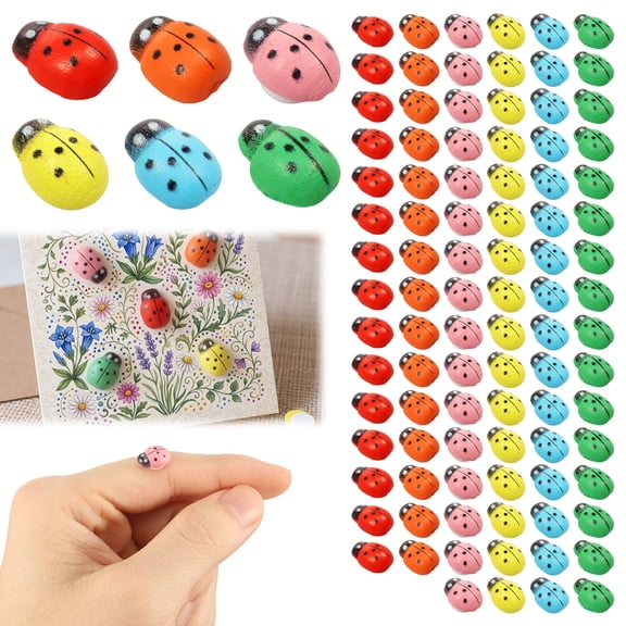 Grusce 100Pcs Mini Wooden Bee Ladybug Shape Decor Sticker Self Adhesive Small Honey Bee Decoration Tiny Wood Ladybug Ornament for DIY Craft Scrapbooking