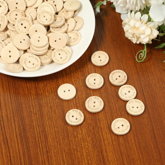 Grusce 100Pcs Wood Craft Button Decorative 2 cm 2 Hole Handmade with Love Button Sewing Accessories for DIY Sewing Crafting