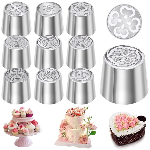 Grusce 10PCS Flower Russian Piping Tip Set, Extra Large Stainless Steel Layered Rose Icing Tip, Cake Decorating Flower Bouquet for Cake Dessert Cookie