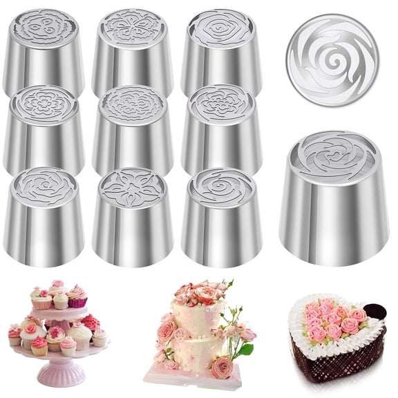 Grusce 10PCS Flower Russian Piping Tip Set, Extra Large Stainless Steel Layered Rose Icing Tip, Cake Decorating Flower Bouquet for Cake Dessert Cookie