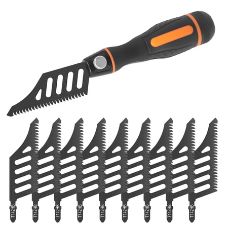 Grusce 10PCS Flush Cutting Jigsaw Tool, Carbon Steel Curve Saw Blades with Handle, High Hardness Jig Saw Accessories for Softwood Fiberboard Plywood