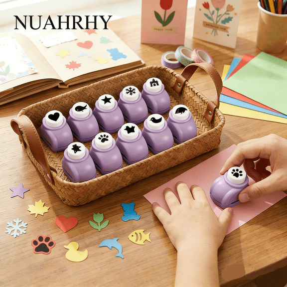 NUAHRHY 10Pcs Craft Hole Punch Shapes Set, Small Paper Puncher, Single Crafting Scrapbook Punches, Star Maple Leaf Heart Star Duck Shape Punches for Cards Projects Scrapbooking