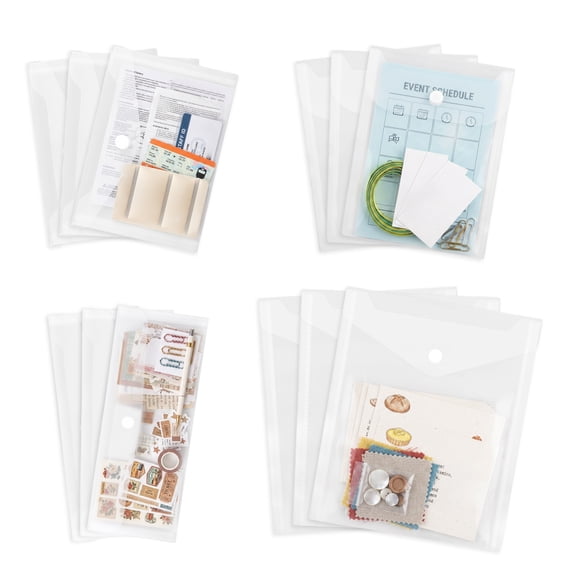 Grusce 12/24Pcs Clear Plastic Envelope with Snap Closure 4 Size Waterproof Transparent Sticker Organizer Pouch Scrapbook Stamp Storage Pocket for Washi Tape Stamping Supplies