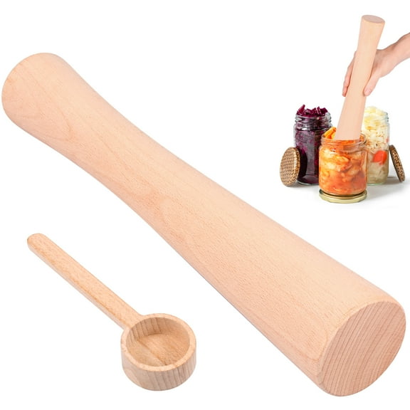 Grusce 12 Inch Sauerkraut Pounder, Wood Vegetable Fermentation Tamper, 12" Wood Pickle Pounder Rod, Cabbage Tamper Fermenting Food Tool with Measuring Spoon for Fermentation Crock and Mason Jars
