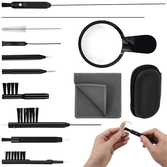 FUYGRCJ 13PCS Hearing Aid Cleaning Kits, Portable Hearing Aid Cleaning Tool, with Magnifying Glass Tube Brush, Disassembly Tool for Home Travel Office