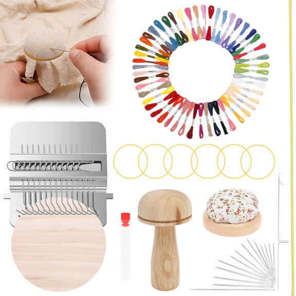 Grusce 14 Hooks Mini Darning Mushroom, Knit Patch DIY Loom, Weaving Repair Tool, 14 Pcs Large Eye Needle 50 Color Thread Weaving Frame for Handcraft, Darning Patch Kit for Mending Jean Socks