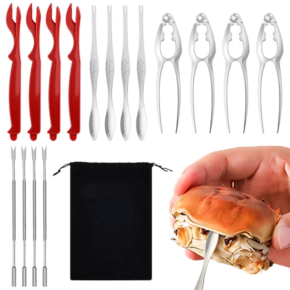 Grusce 17PCS Seafood Tools Set, includes 4 Crab Crackers, 4 Lobster Shellers, 4 Crab Leg Forks/Picks and Storage Bag, Crab Leg Pick Utensils Set Crab Eating Tools