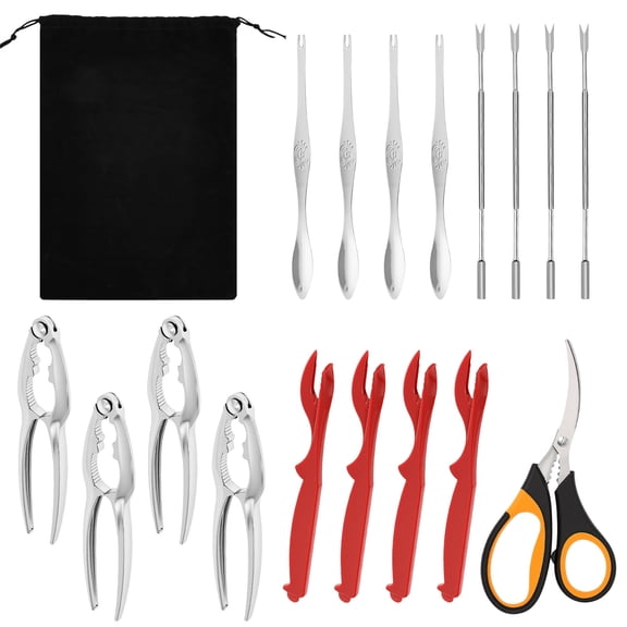 Grusce 18PCS Crab Cracker Tool Set, Stainless Steel Crab Crackers, Lobster Sheller, Fork, Scissors & Storage Bag, Crab & Lobster Eating Utensils for Seafood Lovers