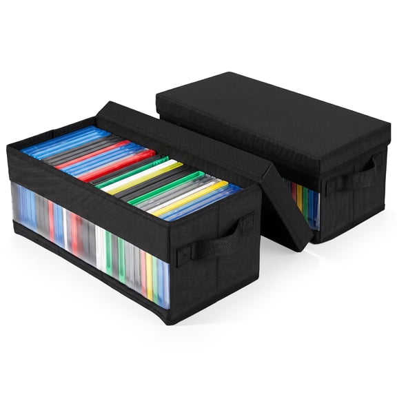 Grusce 2 Pack CD Storage Box with Window and Handle, Foldable CD Organizer Box with Lid 14.1x6.3x5.7inch Container