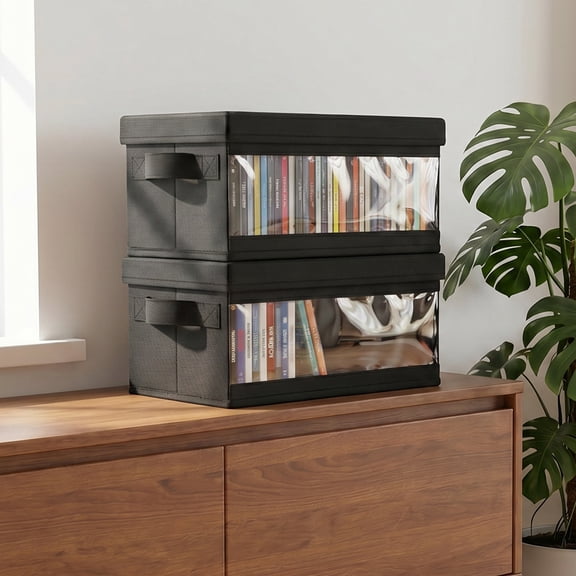 Grusce 2 Pack CD Storage Box with Window and Handle Foldable CD Organizer Box with Lid 36x16x14.5cm Container Black (2 Pack)