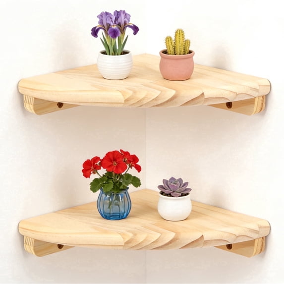 FUYGRCJ 2 Tier Corner Floating Shelves for Wall, Wood Corner Wall Shelf, 7 inch Solid Wood Floating Corner Shelf with Plant Display Rack Storage for Bedroom, Living Room and Office