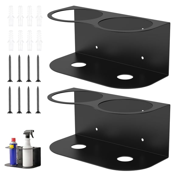 Grusce 2 Pack Spray Bottle Holder, Wall Mount Metal Spray Can Holder Rack Organizer, with Double Hole, Multi Purpose Bottle Storage Shelf, with Hardware for Garage Home Workspace