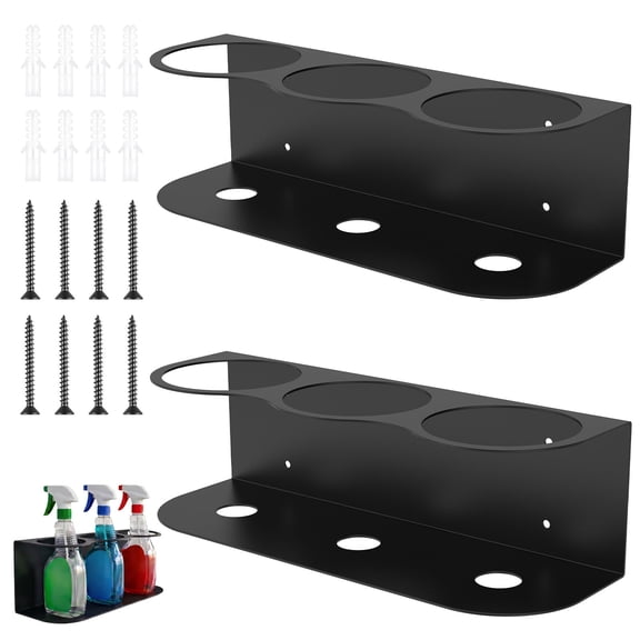 Grusce 2 Pack Spray Bottle Holder, Wall Mount Spray Can Holder Rack Organizer with Three Holes, Multi Purpose Metal Bottle Storage Shelf, with Hardware for Garage Home Workspace