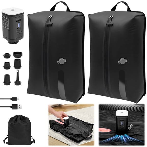 Grusce 2 Pack Vacuum Seal Bag for Traveling with Rechargeable Pump, 17L Compression Packing Cube for Carry On Suitcase and Backpack, Reusable IP67 Waterproof Vacuum Storage Bag