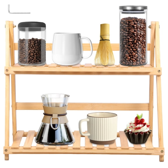 Grusce 2 Tier Bamboo Mug Holder Space Saving Countertop Storage Shelf Rack Folding Coffee Matcha Station Organizer for Cabinet Kitchen Office Spice
