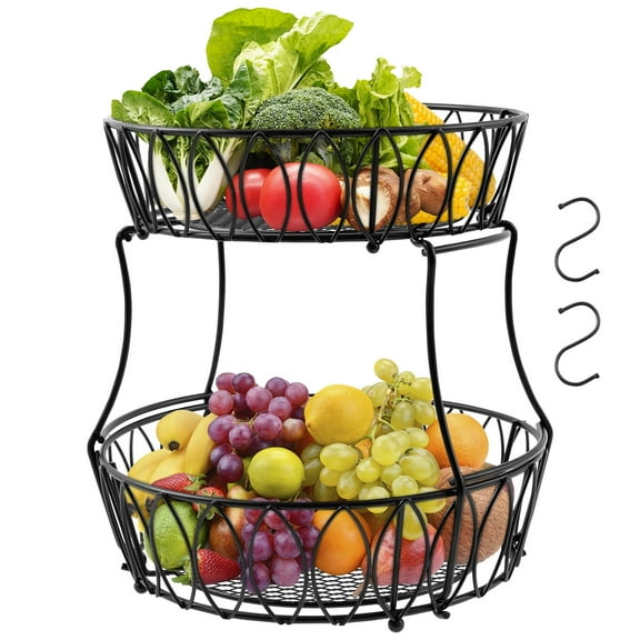 Grusce 2 Tier Fruit Basket for Kitchen Counter with 2 Banana Hangers, Metal Stackable Fruit Bowl, Vegetable Holder for Countertop, Metal Fruit Rack Storage for Fruits,Veggies, Snacks, Onions
