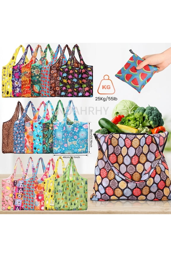 20 Pcs Reusable Grocery Bags, 55Lbs Foldable Shopping Bag, Large Nanobag Cute Tote for Daily Shopping, Waterproof and Machine Washable Bulk Market Cloth Storage Bags