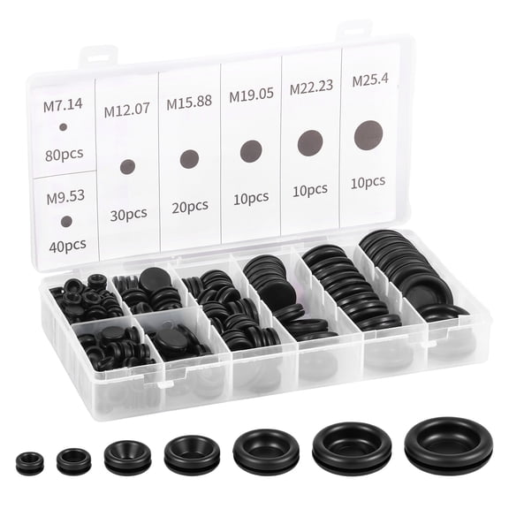Grusce 200PCS Round Rubber Grommet Kits, 7 Sizes Hollow Firewall Hole Plug Assortment, Rubber Grommet for Wiring Automotive Boat Cable Wire Protection, 9/32", 3/8", 1/2", 5/8", 3/4'', 7/8" and 1''
