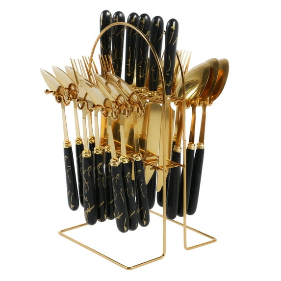 NUAHRHY 24pcs Silverware Set with Hanging Holder Stainless Steel Flatware Set Service for 6 Utensils Set Mirror Polished Tableware Set Forks Knives Spoon Set for Home Kitchen