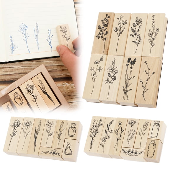 Grusce 24pcs Wooden Rubber Stamps for Crafting Decorative Stamp Set for DIY Crafting Scrapbook Painting Letters Diary Teaching and Card Making