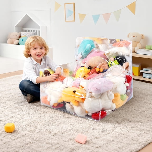 Grusce 25 inch Clear Stuffed Bag Chair Cover (No Filler), Extra Large 100L Plush Toy Holder Seat, Bean Bag Seat Cover with Zipper for Toys Storage Old Clothes Organizer, DIY