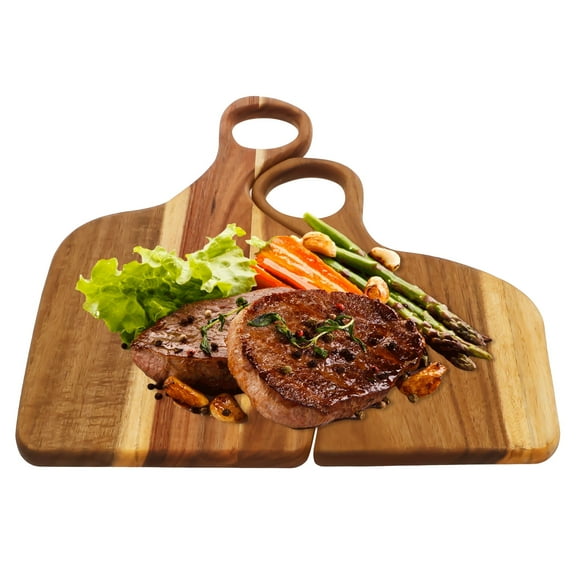 Grusce 2PCS Acacia Wood Couple Cutting Board, Smooth Edge Couple Charcuterie Board with Handle, Large Thick Wooden Cutting Boards, Kitchen Cutting Boards for Meat, Bread, Fruits Serving Board