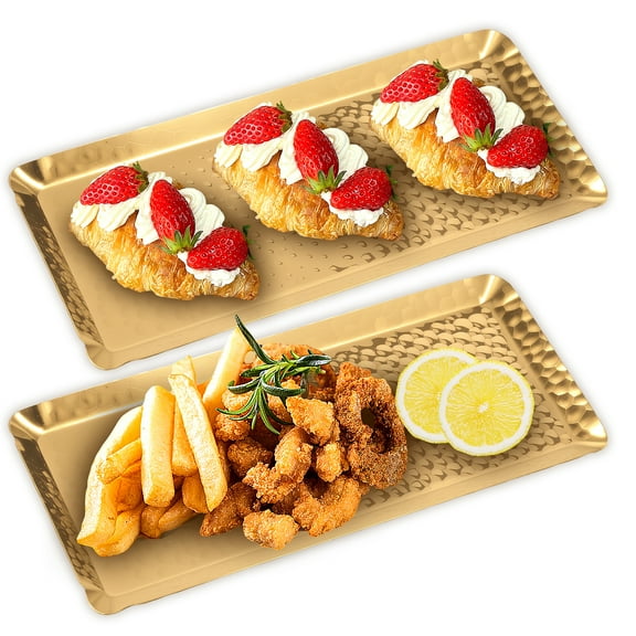 Grusce 2PCS Decorative Storage Tray, Stainless Steel Serving Trays, Hammered Rectangular 9.8 x 4.3 Inch Dessert Plates, Reusable Fruit Stand for Living Room Kitchen