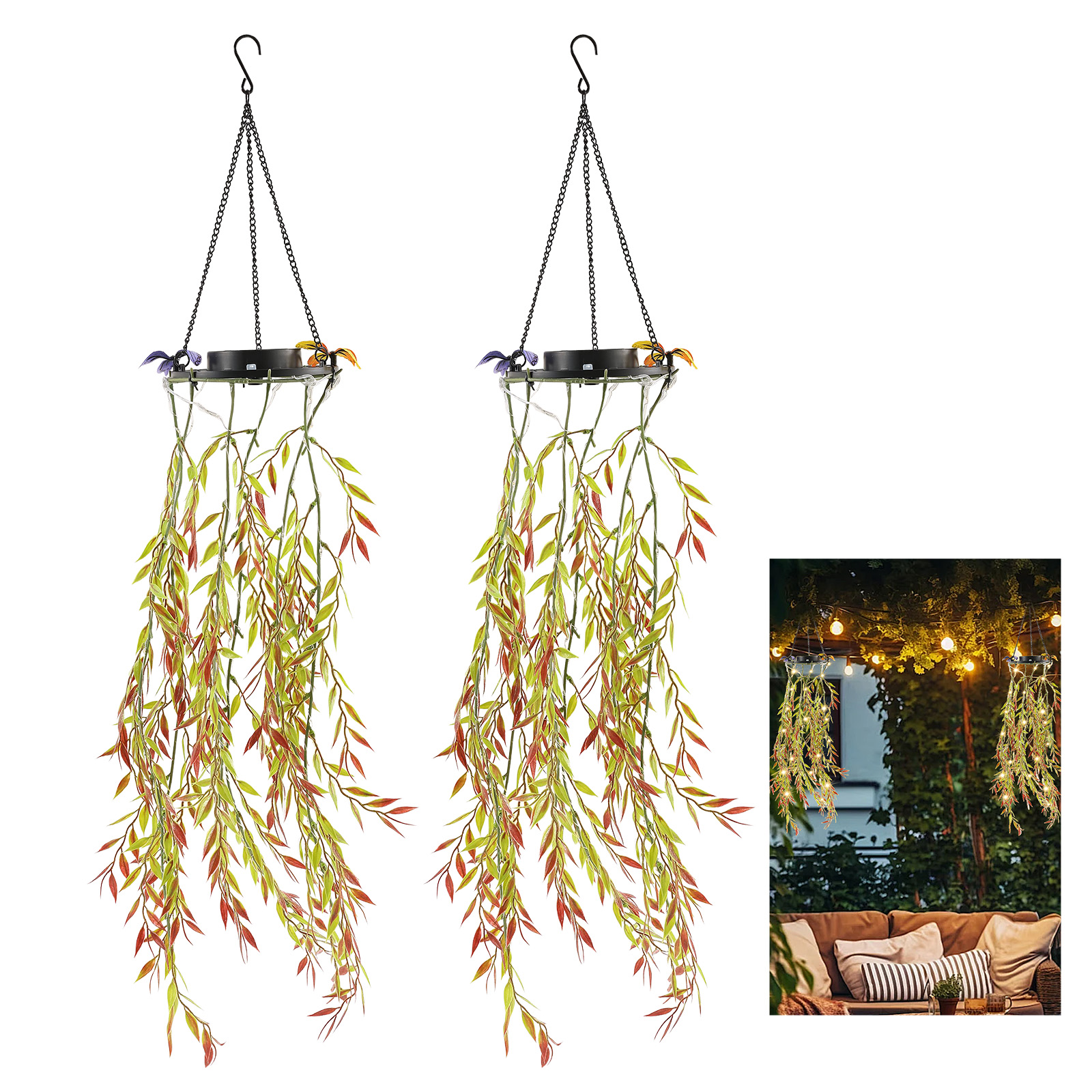 Grusce 2PCS Solar Hanging Garden Lights, Artificial Plant Solar Lights, IP65 Waterproof Decorative Faux Hanging Plant Solar Lights with Hook for Wedding Birthday Party Outdoor Party Camping Poolside