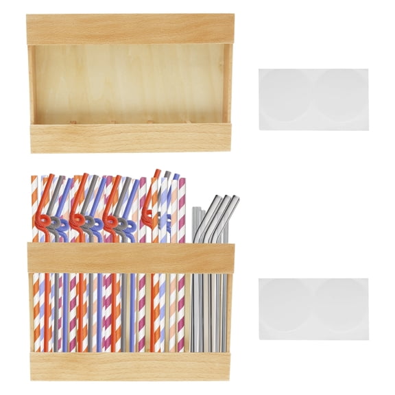 Grusce 2PCS Straw Holder, Sturdy Wood Straw Organizer with Adhesive Practical Straw Holder Dispenser, Multifunctional Drinking Straw Holder for Kitchen Restaurant Coffee Shop Home