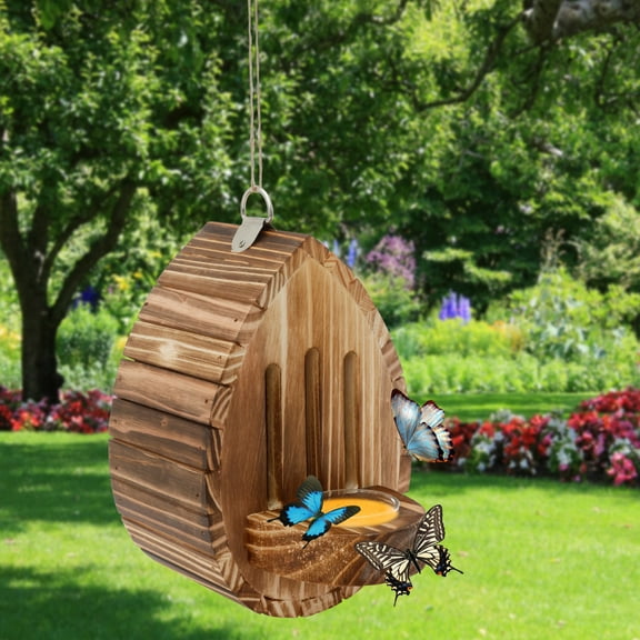 Grusce 2PCS Wood Bee Habitat with Rope, Decorative Hanging House, Bee House with Feeder, Moth Feeder for Garden Patio Balcony