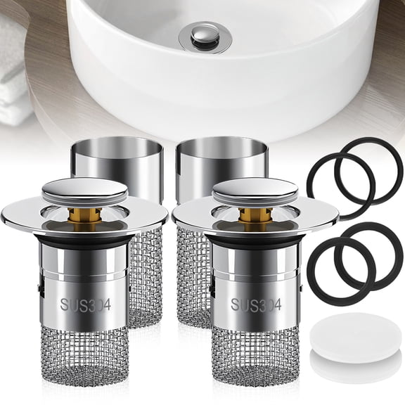 Grusce 2Pcs Bathroom Sink Stopper Filter Basket Anti Clog Pop Up Sink Drain Strainer Brass Core Basin Drain Filter 304 Stainless Steel Sink Drain Stopper for 1.26 to 1.57inch Sink Hole