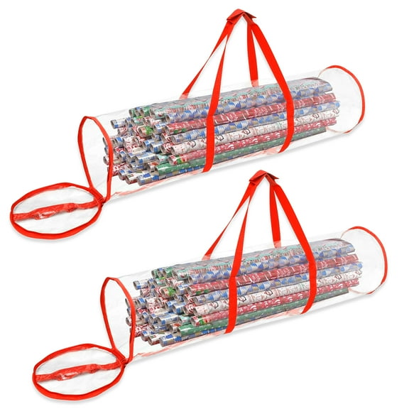 Grusce 2Pcs Clear Wrapping Paper Storage Bag PVC Transparent Wrapping Paper Organizer with Double Zipper and Handle Portable Gift Wrap Storage Container for 14-24 Paper Roll