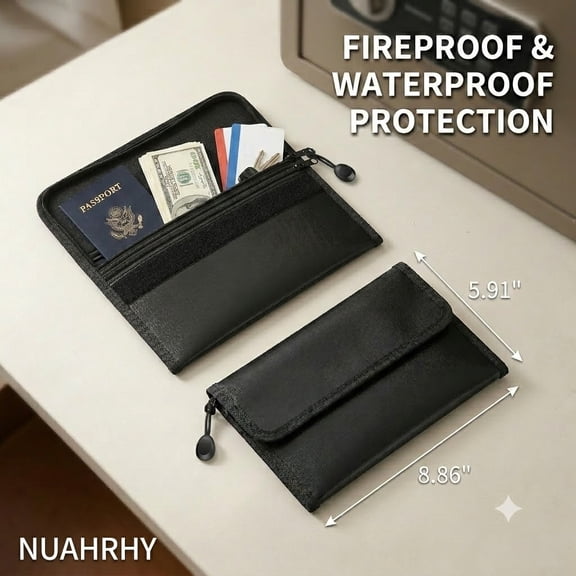 Fireproof Document Bag, 2Pcs Portable Money Pouch for Cash, Passport & Valuables, Water-Resistant Storage for Home, Office & Travel, Black