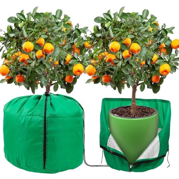 Grusce 2Pcs Plant Pot Covers for Winter, 17.7x19.7 inch Thickened Outdoor Tree Pot Protector with Aluminum Foil Layer Zipper and Drawstring for Winter Garden Fruit Trees Potted Shrubs