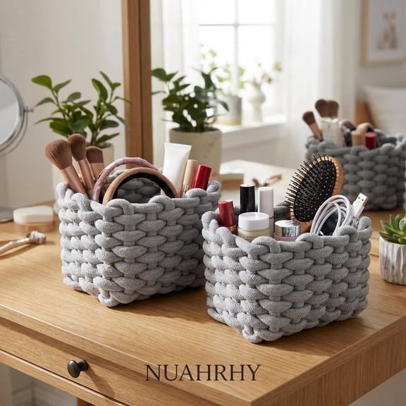 NUAHRHY 2Pcs Square Cotton Rope Basket, Small Storage Woven Basket for Shelves and Closet, Cute Bedside Caddy for Little Items, Dresser Top Drawer Organizer, Minimalist Chic Designed