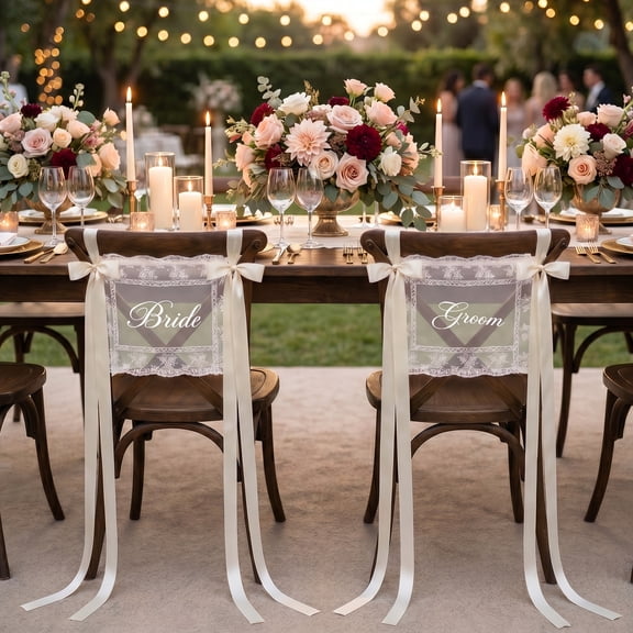 Grusce 2Pcs Wedding Chair Signs Decorative Bride and Groom Wedding Chair Back Banners Covers with Satin Ribbons for Bride and Groom Photo Props