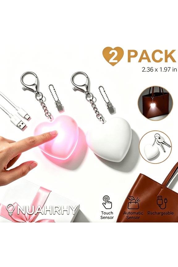 2pack Rechargeable Purse Light Automatic Sensor Handbag Light Touch Activated Heart LED Lamp Mothers Day Gift (Pink+White)