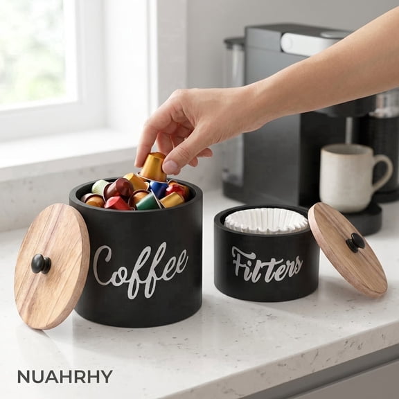 Coffee Filter Holder for Counter, Rustic Wood 2-Piece Set Storage Container with Lid, Organizer for Basket Filters and K-Cup Pods