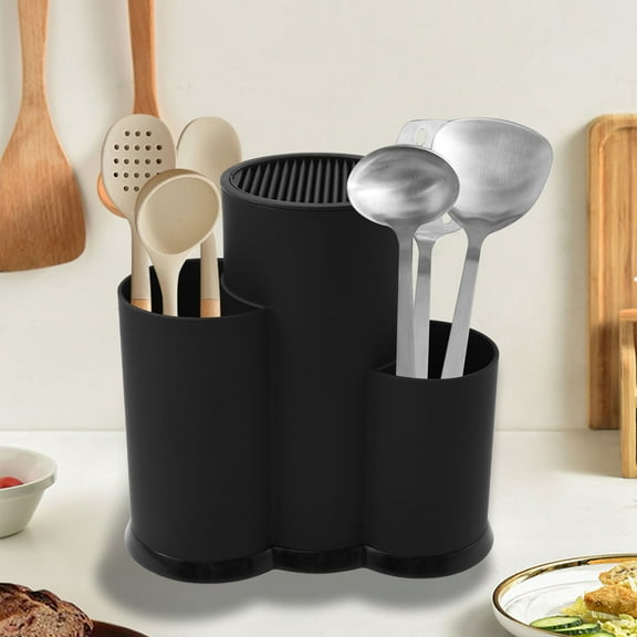 Grusce 3 in 1 Knife Block Holder, Knife Set with Block, Plastic Round Knife Block Kitchen Utensil Organizer, Detachable Knife Storage Holder with Scissors Slot for Chopsticks Spoons Forks
