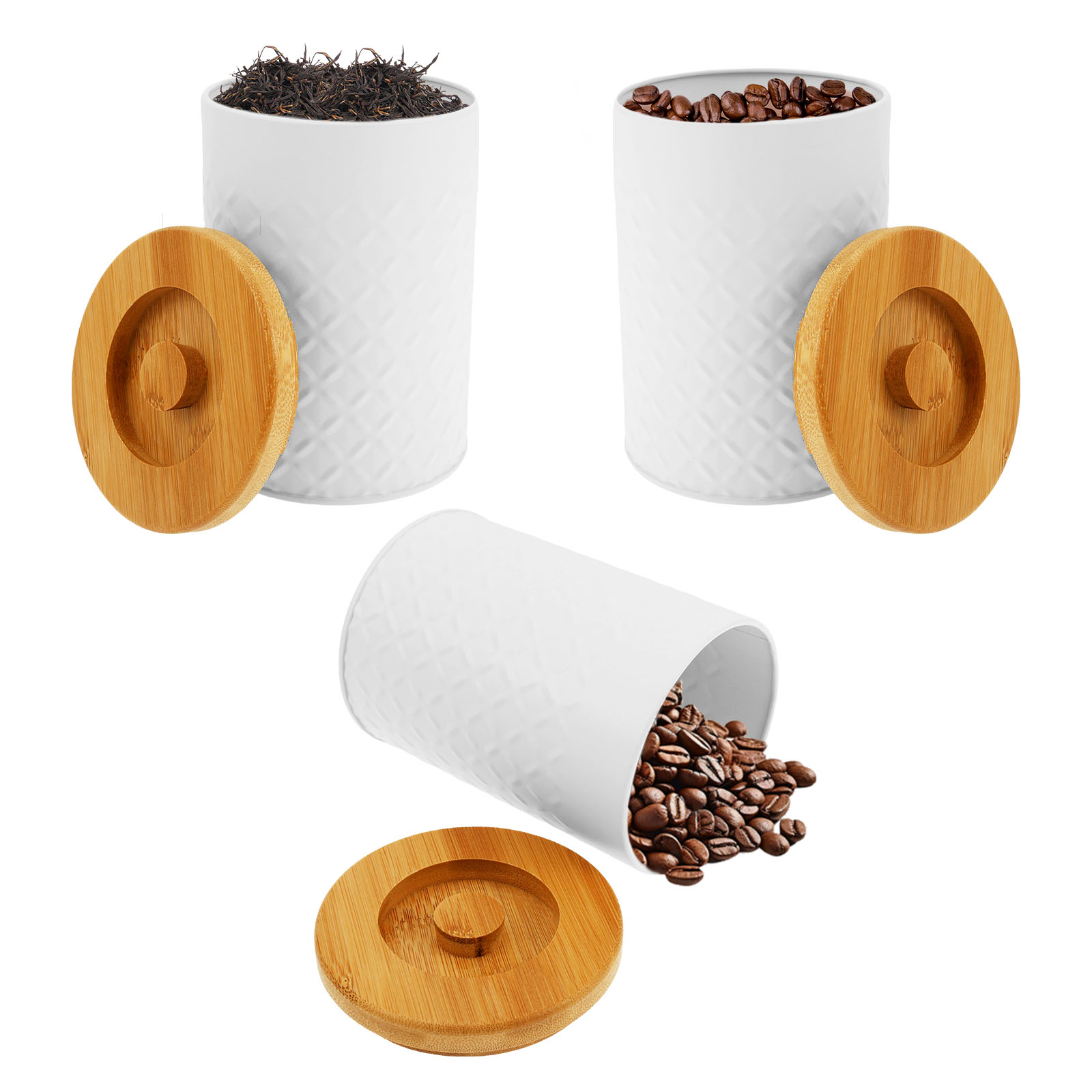 Grusce 3 Pack Ceramic Kitchen Canister Set for Sugar Coffee Tea, Airtight Food Storage Jars with Bamboo Lids, White Ceramic Storage Jar Kitchen Canister, Decorative Storage Pots for Countertop