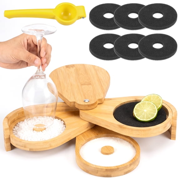 Grusce 3 Tiers Bamboo Margarita Salt Rimmer Set with Rotating Tiers for Cocktails, Bartender Accessories & Home Bar Gift