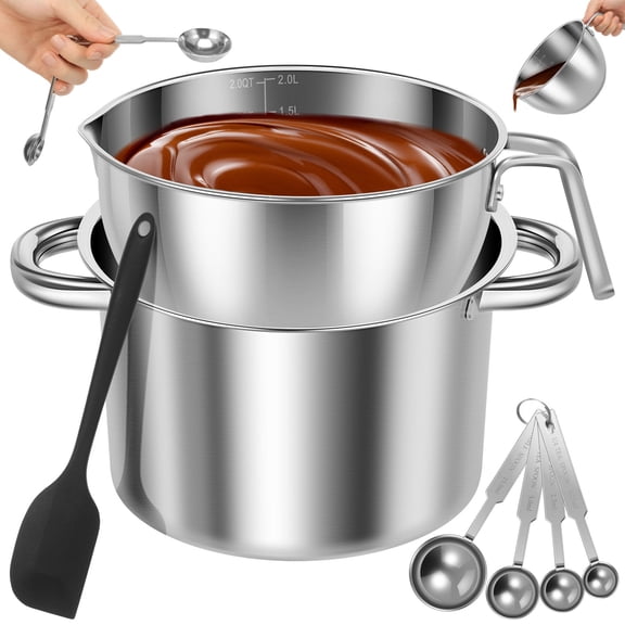 Grusce 304 Stainless Steel Double Boiler Pot Set, 2 QT Chocolate Melting Bowl with Scale and Handle, Kitchen Boiler Pot with Silicone Spatula Measuring Spoon