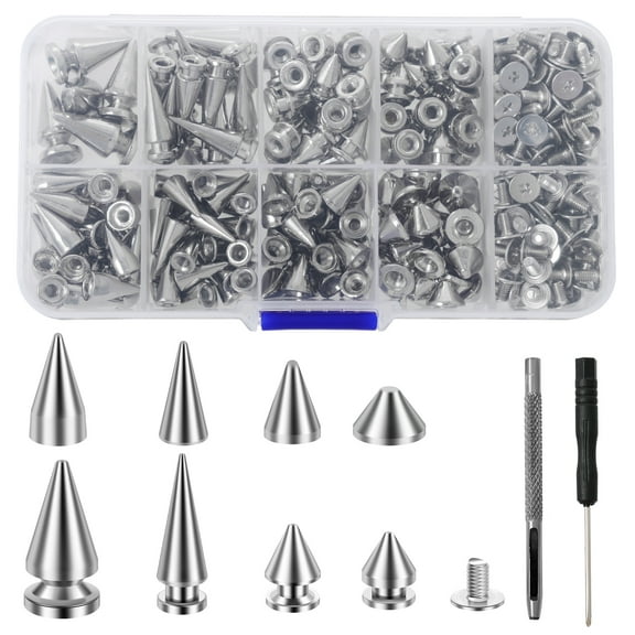 Grusce 359Pcs Punk Spikes and Studs Kit Zinc Alloy Silver Cone Spike and Stud Rivet Kit 8 Size Metal Leather Tree Spike Assortment Kit Clothing Stud Décor Kit for Clothing Jacket Shoes Wallet