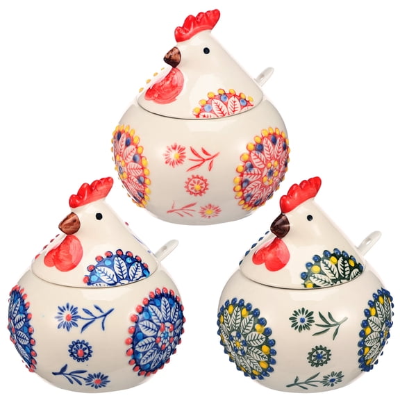 Grusce 3PCS Ceramic Salt Cellar with Lid and Spoon, 13.53 OZ Large Chicken Salt Jar for Counter Coffee Sugar Spice and Candy Spice Container for Countertop