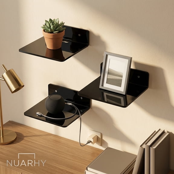 Mini Floating Wall Shelf, 3Pcs Small Display Ledge for Security Camera, Baby Monitor, Speaker, No Drill Adhesive or Screw Mount, Black