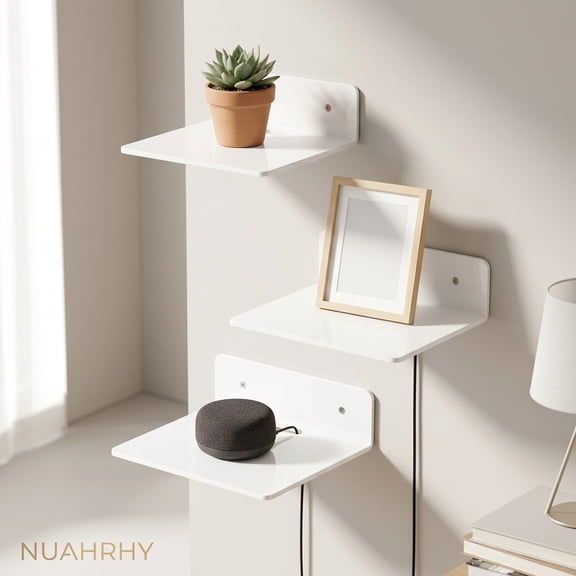 Mini Floating Wall Shelf, 3Pcs Small Display Ledge for Security Camera, Baby Monitor, Speaker, No Drill Adhesive or Screw Mount, White