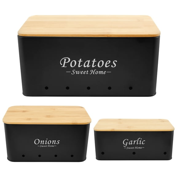 Grusce 3Pcs Onion Garlic Potato Storage Box Set Carbon Steel Potato Onion Storage Bin with Vent Hole Vegetable Keeper Containers Potato Onion Garlic Jars Storage Canisters for Vegeatables