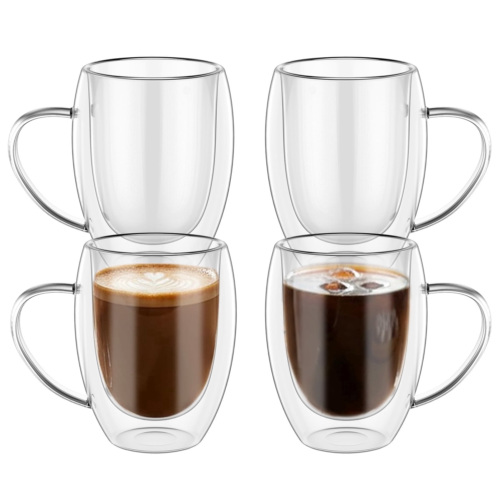 FUYGRCJ 4 Pack Glass Coffee Mug, 12oz Clear Glass Coffee Cup with Handle Set of 4, 350ml Double Wall Insulated Mug Tea Latte Espresso Cups for Latte Cappuccino Juice Tea Milk