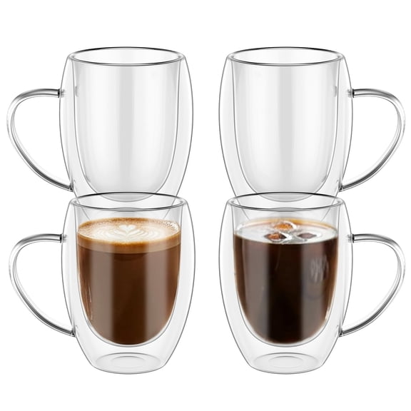 Grusce 4 Pack Glass Coffee Mug, 12oz Clear Glass Coffee Cup with Handle Set of 4, 350ml Double Wall Insulated Mug Tea Latte Espresso Cups for Latte Cappuccino Juice Tea Milk