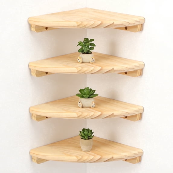 FUYGRCJ 4 Tier Corner Wall Shelves, 7 inch Rustic Wood Corner Floating Shelves, Wall Mounted Display Storage Rack with Cord Hole for Bedroom and Living Room
